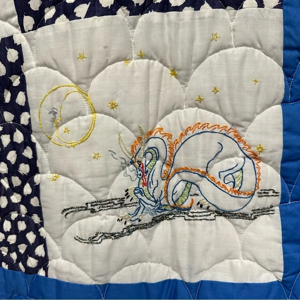 Vintage Hand stitched dragon quilt whimisical fairytale blanket